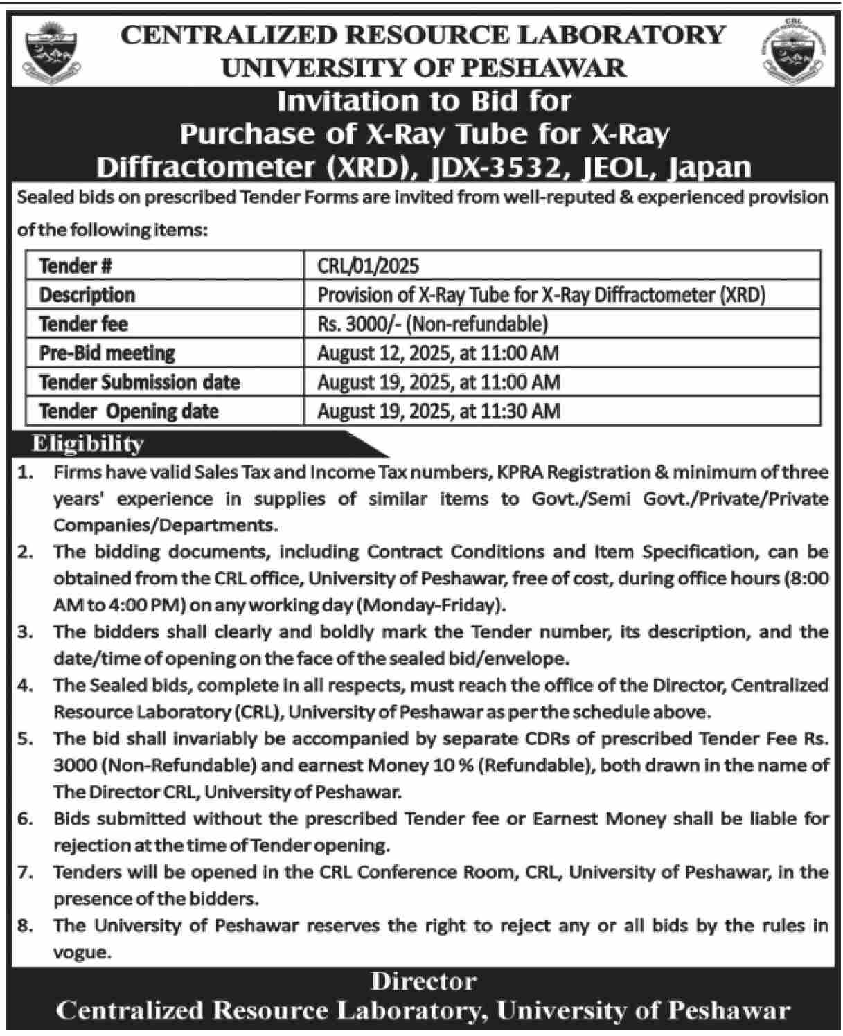 Centralized Resource Laboratory University of Peshawar Tender Notice